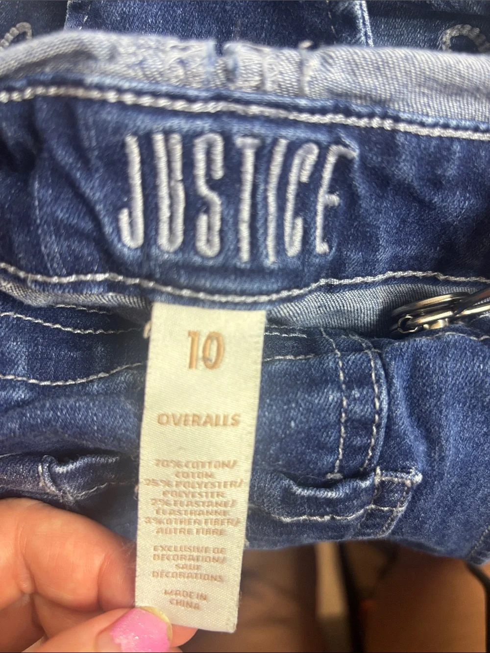 Justice Dark Blue Denim Overalls with Distressed Accents